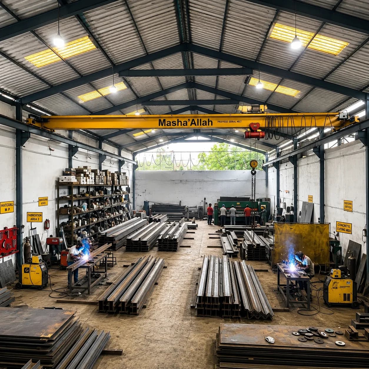 Inside Bala Enterprise heavy crane manufacturing and assembly workshop floor.
