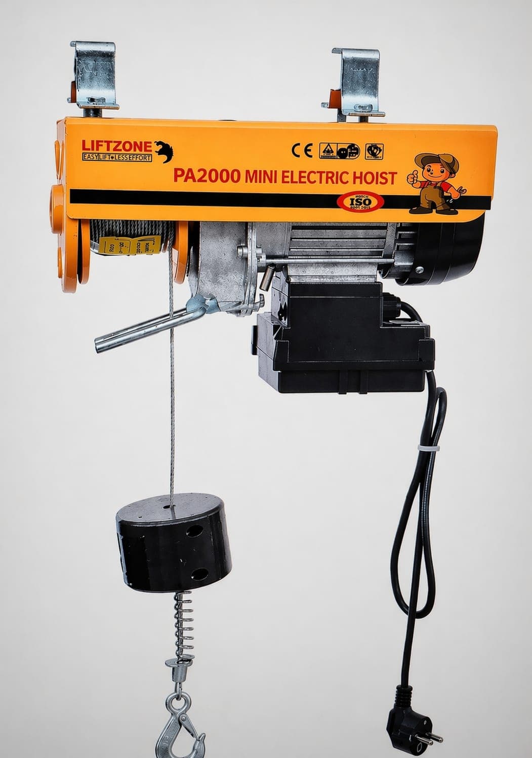 Electric Mini Hoist Pa-2000 - Steel Cable, 300-400mm Width, Yellow/Black | 2000kg Capacity, Remote Control, Copper Motor, Thermal Protection